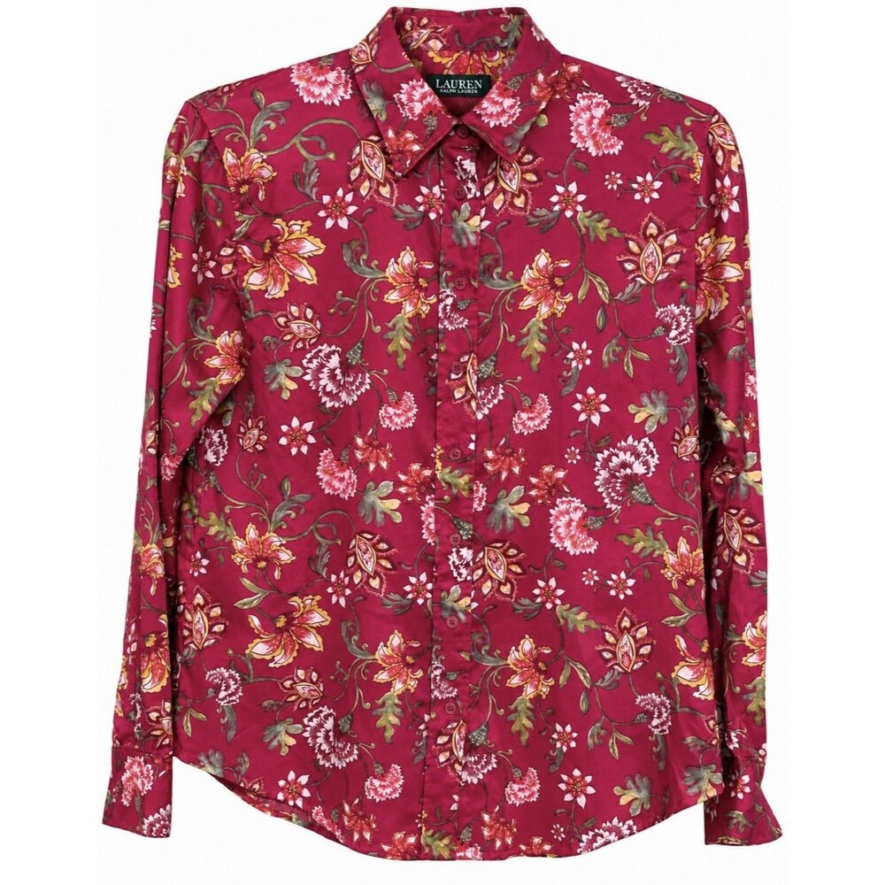 Lauren Ralph Lauren Petite M Blouse Fall Floral Button Down Burgundy Cottagecore
